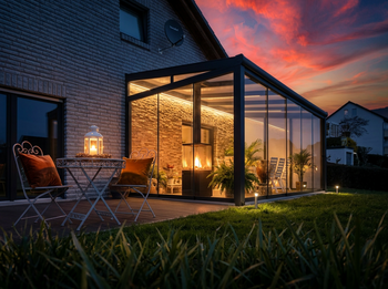 Kaltwintergarten mit warmen Licht, eine Seite mit Polywand geschlossen